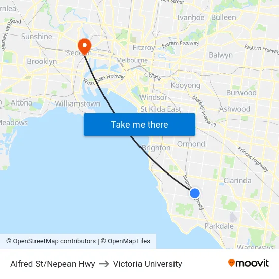 Alfred St/Nepean Hwy to Victoria University map