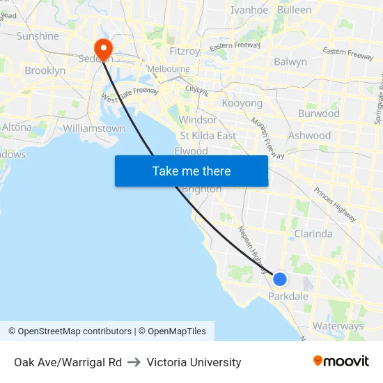 Oak Ave/Warrigal Rd to Victoria University map