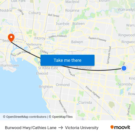 Burwood Hwy/Cathies Lane to Victoria University map