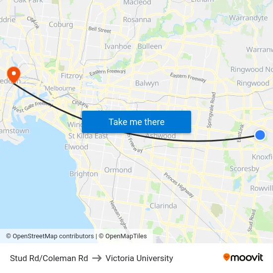 Stud Rd/Coleman Rd to Victoria University map