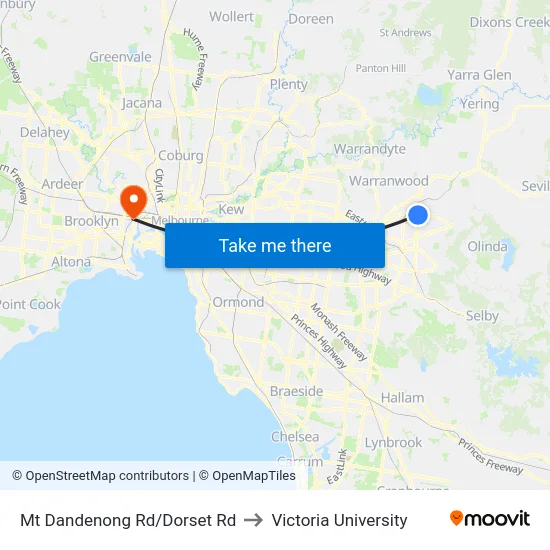 Mt Dandenong Rd/Dorset Rd to Victoria University map