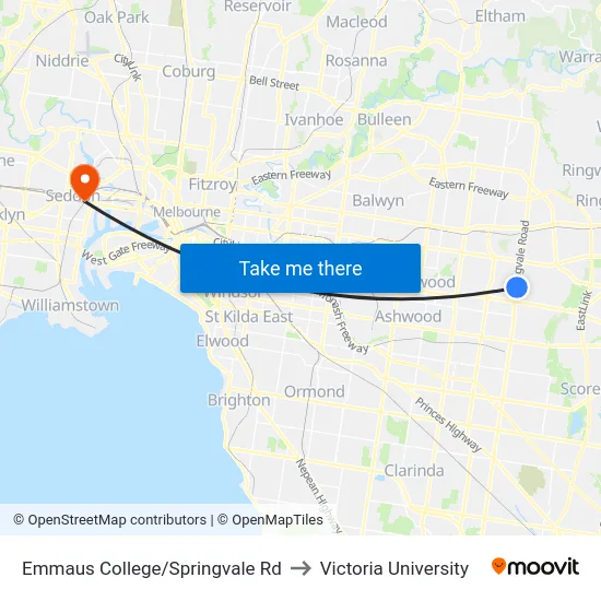 Emmaus College/Springvale Rd to Victoria University map