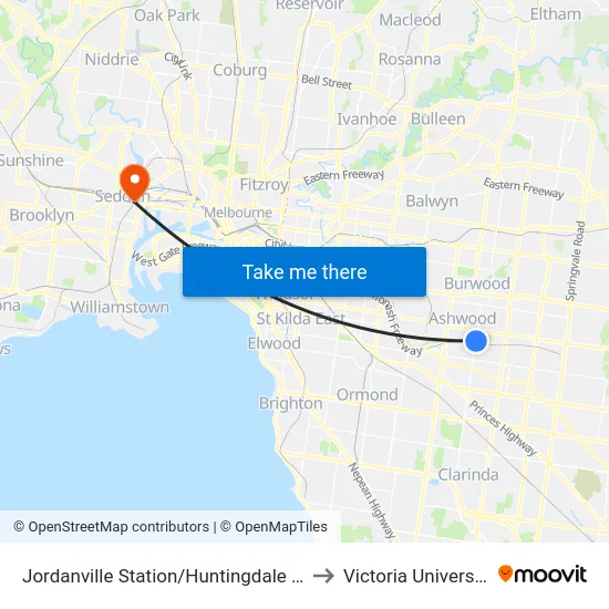 Jordanville Station/Huntingdale Rd to Victoria University map