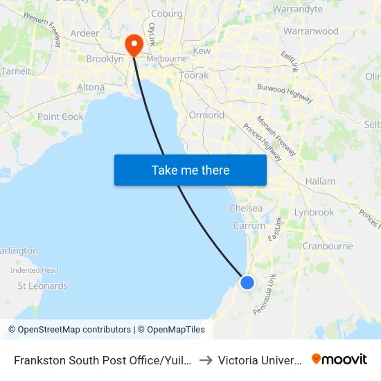 Frankston South Post Office/Yuille St to Victoria University map