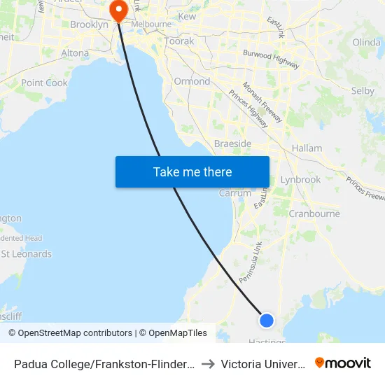 Padua College/Frankston-Flinders Rd to Victoria University map