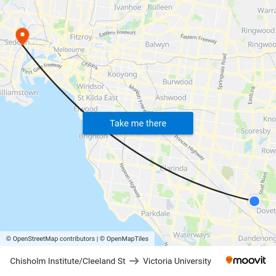 Chisholm Institute/Cleeland St to Victoria University map