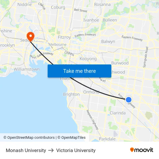 Monash University to Victoria University map