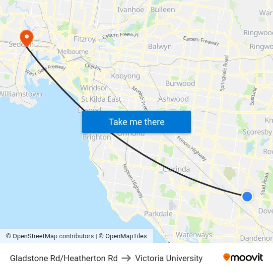 Gladstone Rd/Heatherton Rd to Victoria University map