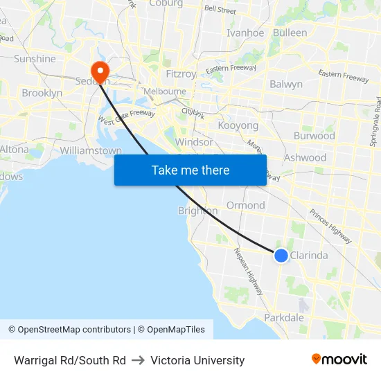 Warrigal Rd/South Rd to Victoria University map