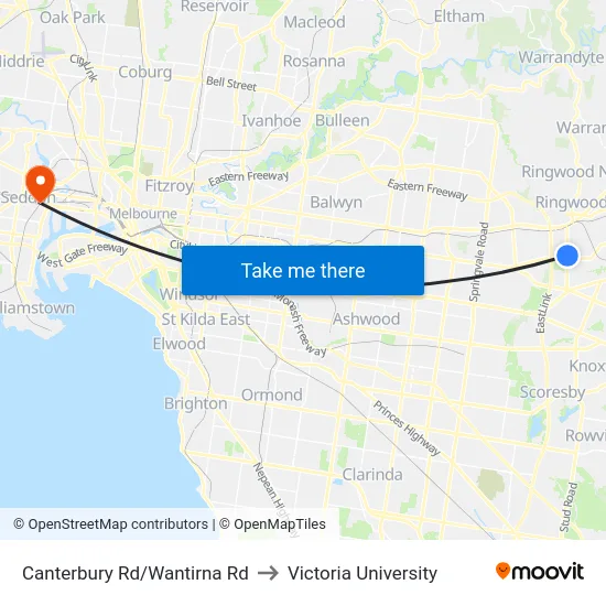 Canterbury Rd/Wantirna Rd to Victoria University map