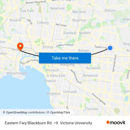 Eastern Fwy/Blackburn Rd to Victoria University map