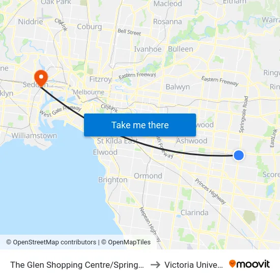The Glen Shopping Centre/Springvale Rd to Victoria University map