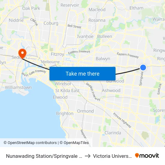 Nunawading Station/Springvale Rd to Victoria University map