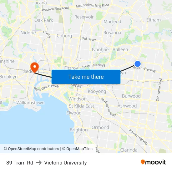 89 Tram Rd to Victoria University map