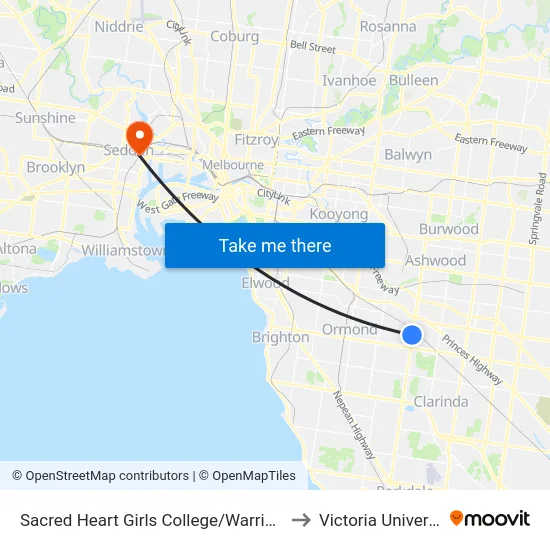 Sacred Heart Girls College/Warrigal Rd to Victoria University map