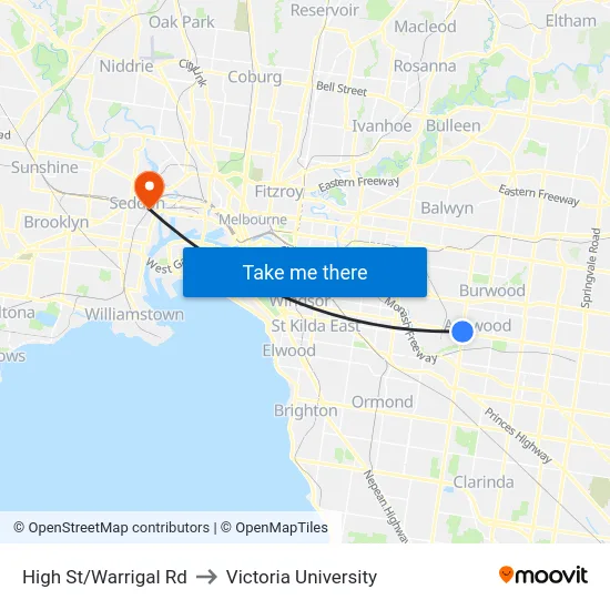 High St/Warrigal Rd to Victoria University map