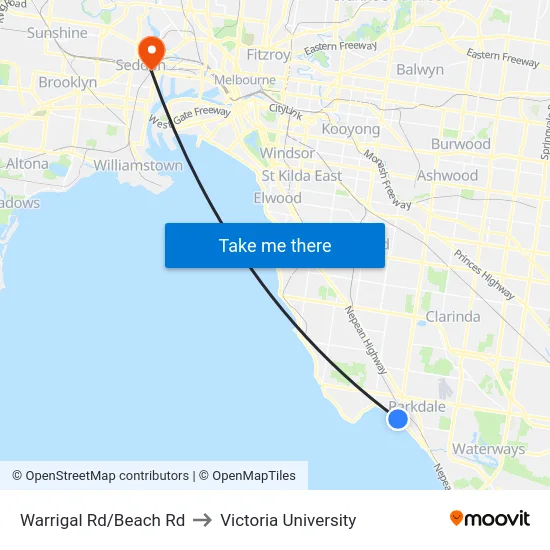 Warrigal Rd/Beach Rd to Victoria University map