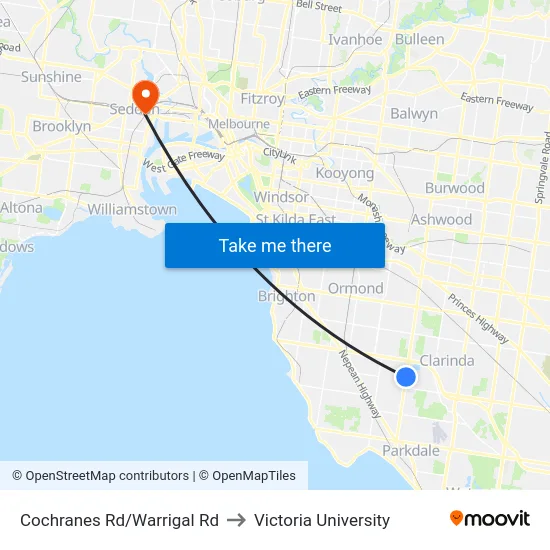 Cochranes Rd/Warrigal Rd to Victoria University map