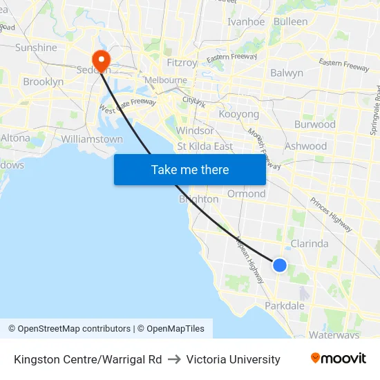 Kingston Centre/Warrigal Rd to Victoria University map