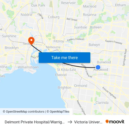 Delmont Private Hospital/Warrigal Rd to Victoria University map