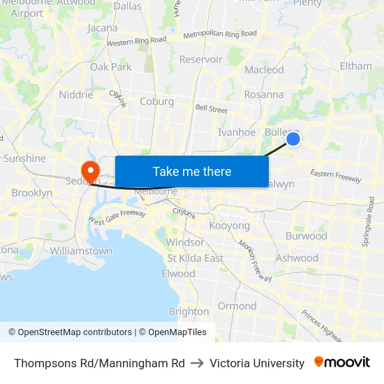 Thompsons Rd/Manningham Rd to Victoria University map