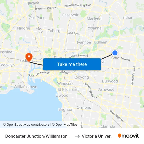 Doncaster Junction/Williamsons Rd to Victoria University map