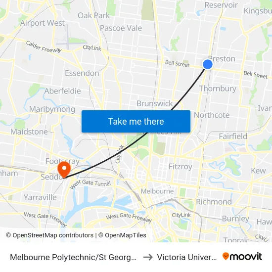 Melbourne Polytechnic/St Georges Rd to Victoria University map