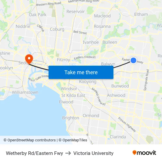 Wetherby Rd/Eastern Fwy to Victoria University map