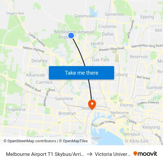 Melbourne Airport T1 Skybus/Arrival Dr to Victoria University map