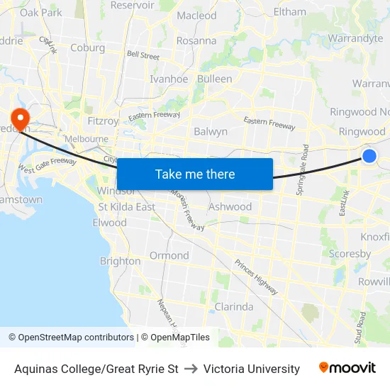 Aquinas College/Great Ryrie St to Victoria University map