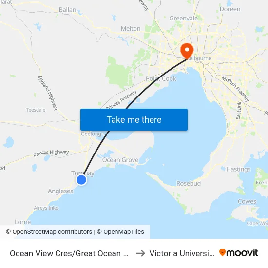 Ocean View Cres/Great Ocean Rd to Victoria University map