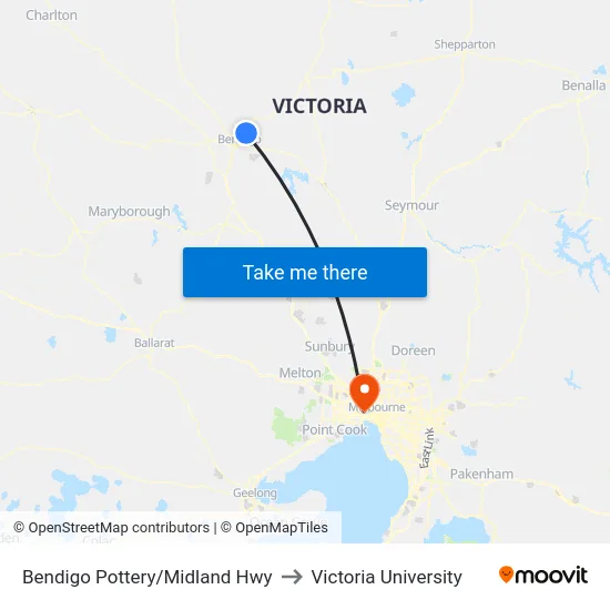 Bendigo Pottery/Midland Hwy to Victoria University map
