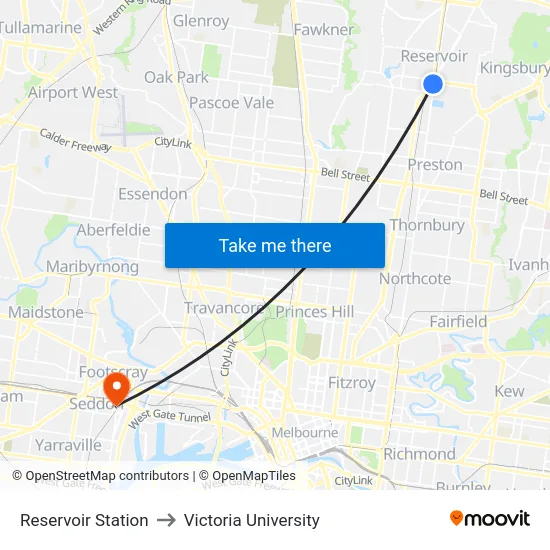 Reservoir Station to Victoria University map