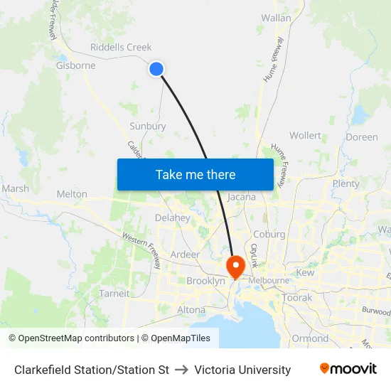 Clarkefield Station/Station St to Victoria University map