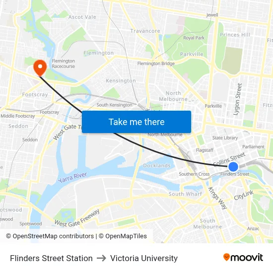 Flinders Street Station to Victoria University map