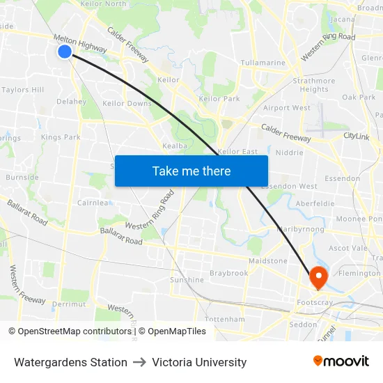 Watergardens Station to Victoria University map