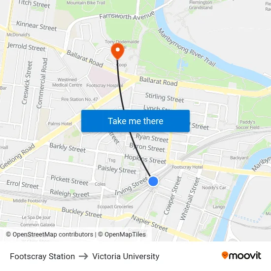 Footscray Station to Victoria University map