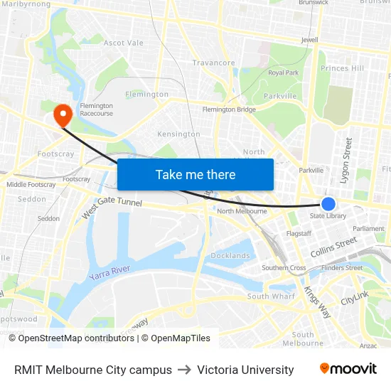 RMIT Melbourne City campus to Victoria University map