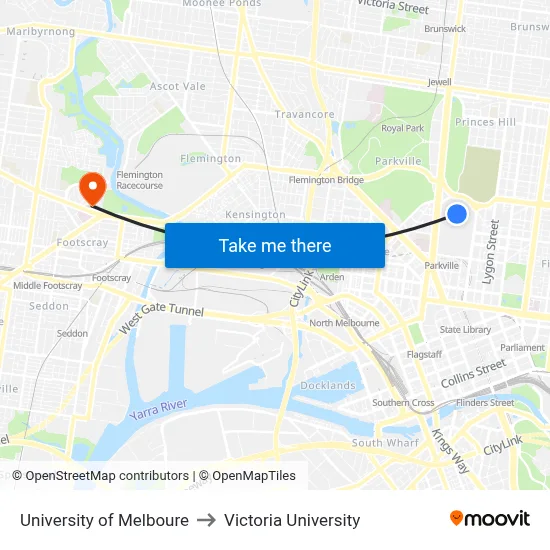 University of Melboure to Victoria University map
