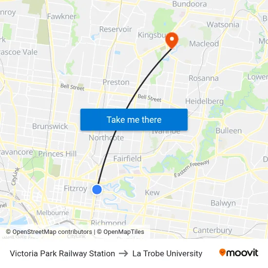 Victoria Park Railway Station to La Trobe University map
