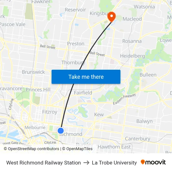 West Richmond Railway Station to La Trobe University map