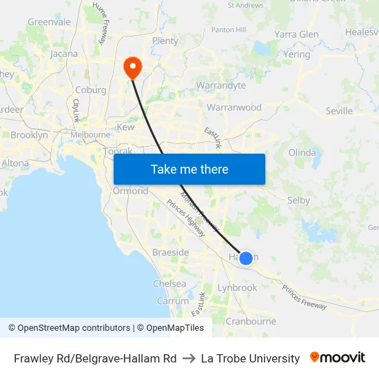 Frawley Rd/Belgrave-Hallam Rd to La Trobe University map
