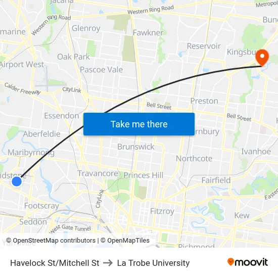 Havelock St/Mitchell St to La Trobe University map