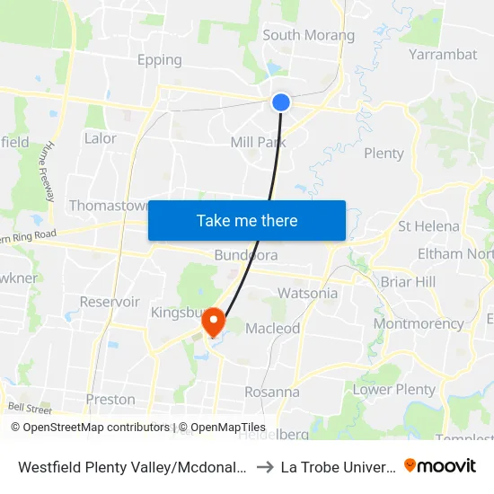 Westfield Plenty Valley/Mcdonalds Rd to La Trobe University map