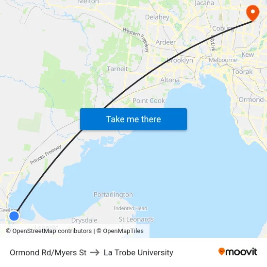 Ormond Rd/Myers St to La Trobe University map
