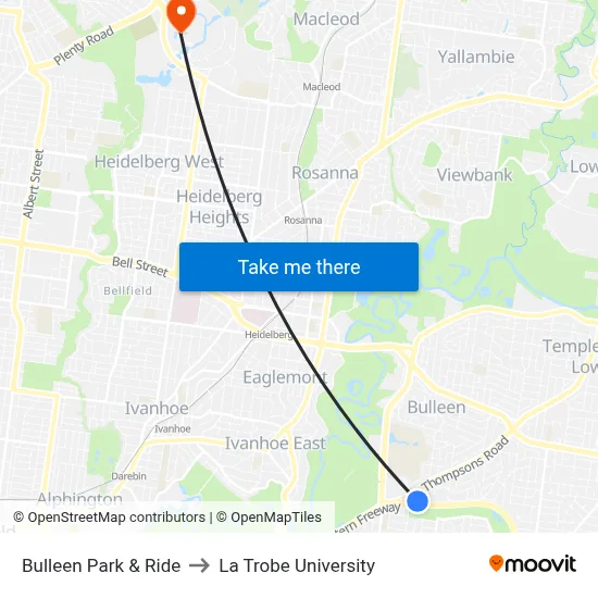 Bulleen Park & Ride to La Trobe University map