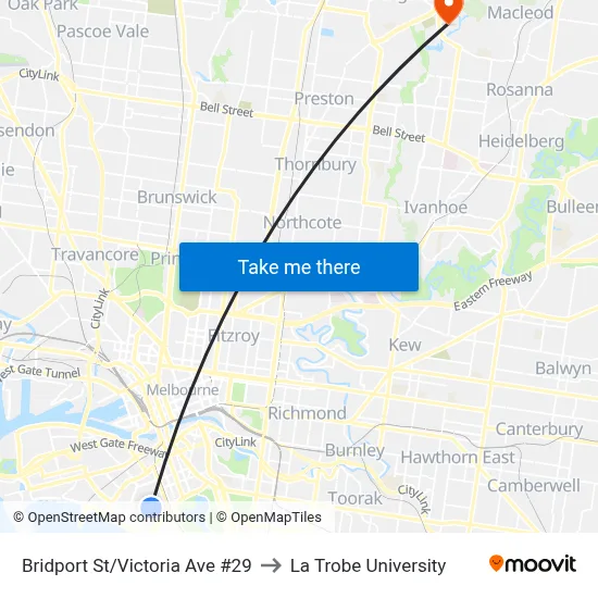 Bridport St/Victoria Ave #29 to La Trobe University map