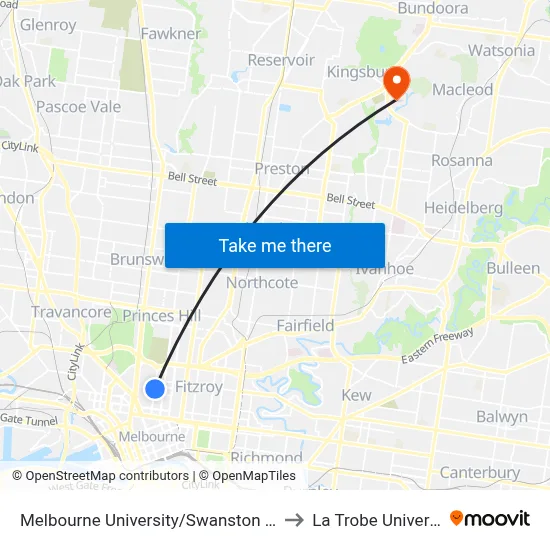 Melbourne University/Swanston St #1 to La Trobe University map