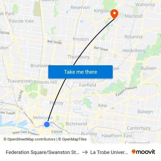 Federation Square/Swanston St #13 to La Trobe University map