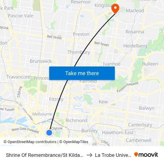 Shrine Of Remembrance/St Kilda Rd #19 to La Trobe University map